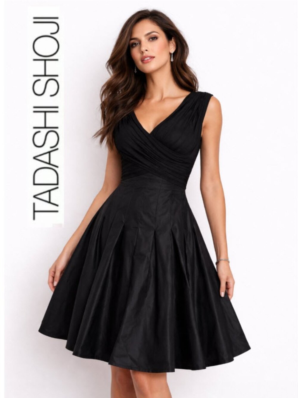 Tadashi Shoji Black Taffeta Fit & Flare V-Neck Dress Pleated Silk Size 2